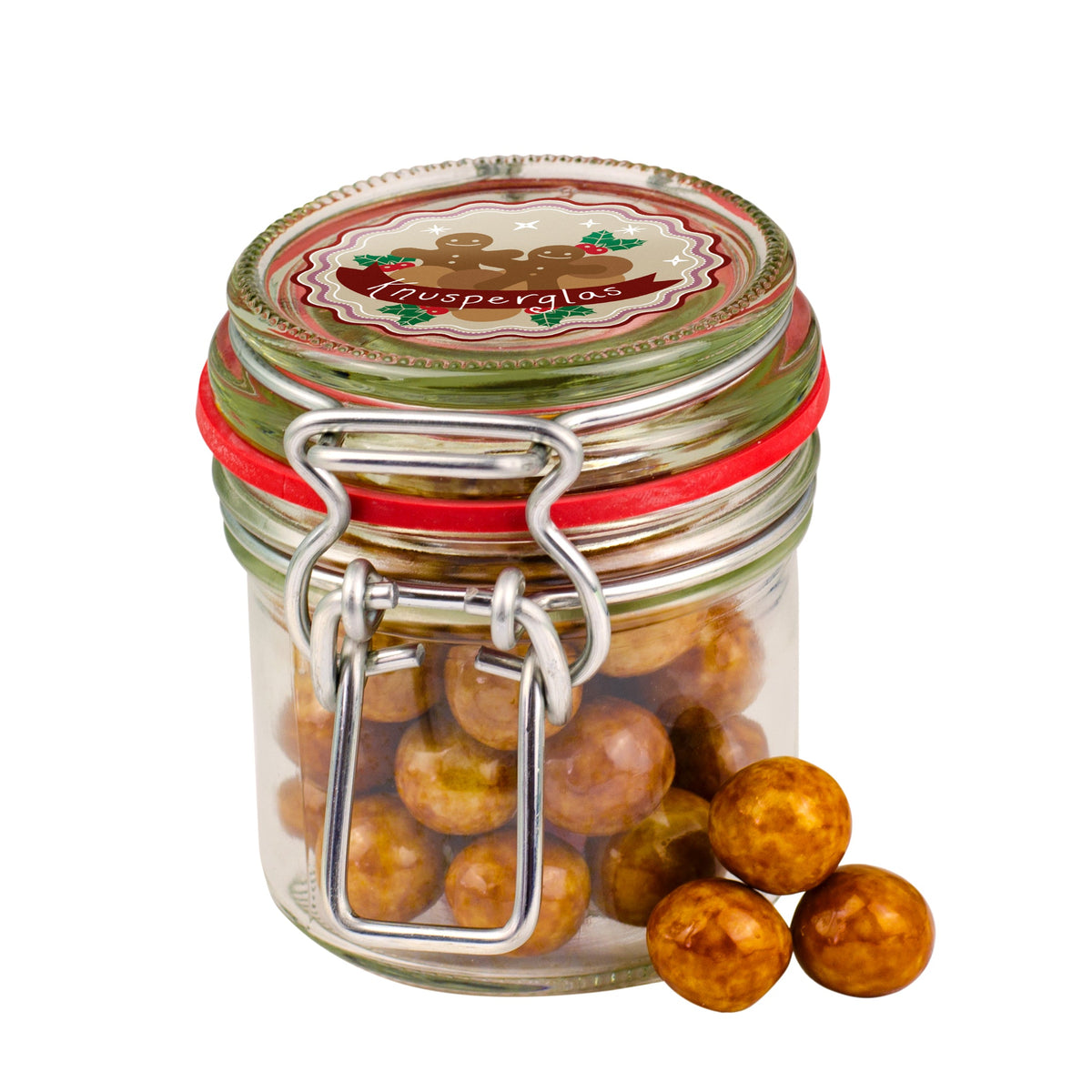 Spekulatius Knusperkugeln im Mini Bügelglas 50 g mit Logo – Beispielmotiv