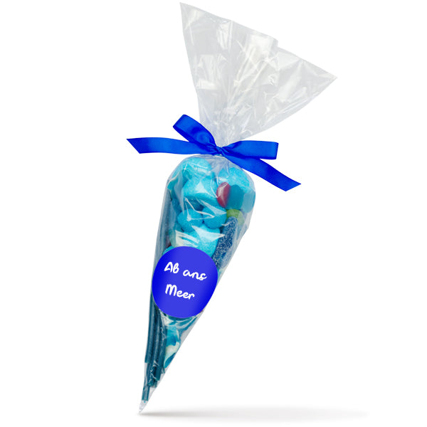 Spitztüte 250 g Süßigkeitenmix in Blau mit Logo – Beispielmotiv