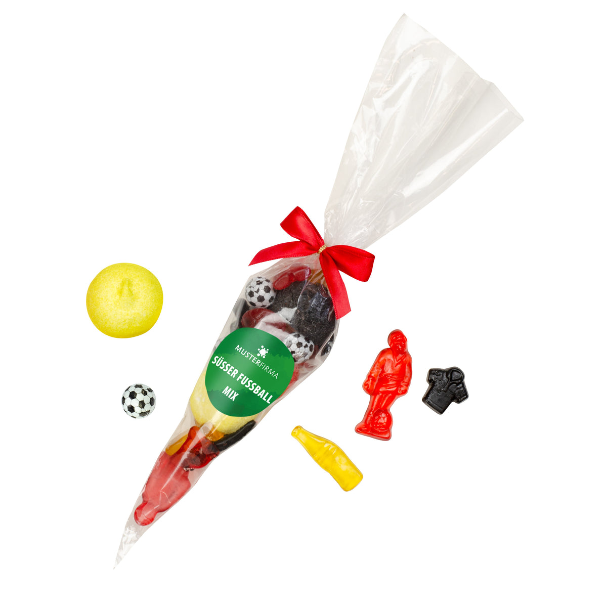 Spitztüte Fruchtgummi Fußball Mix 100 g mit Logo – Beispielmotiv