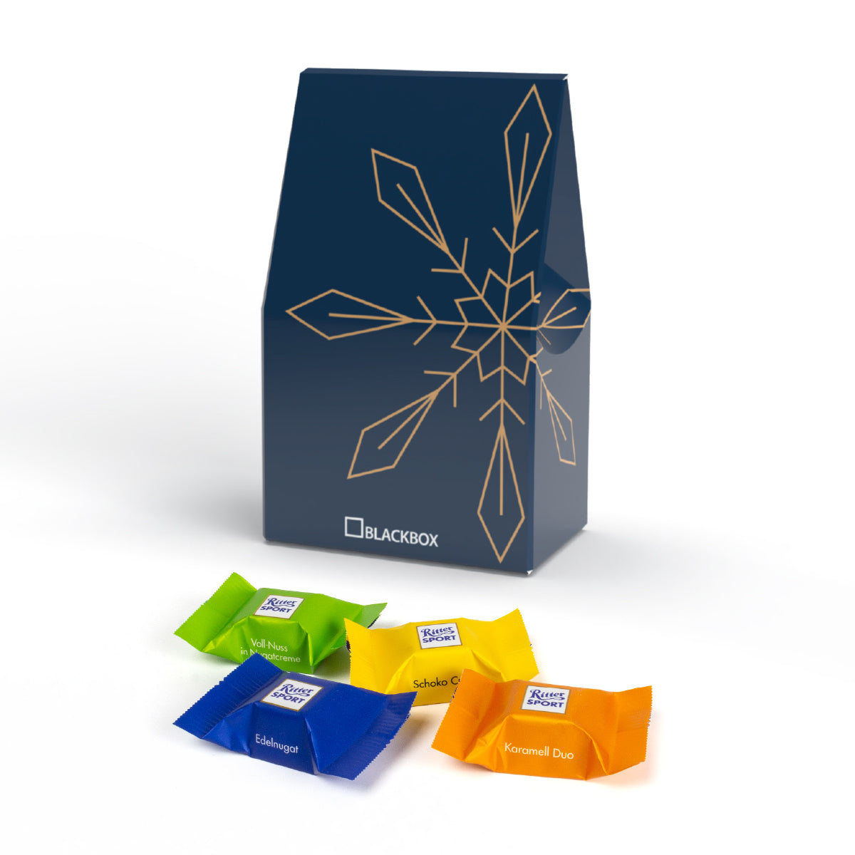 Standbodenkartonage klein mit Ritter Sport Schokowürfeln, bedruckt