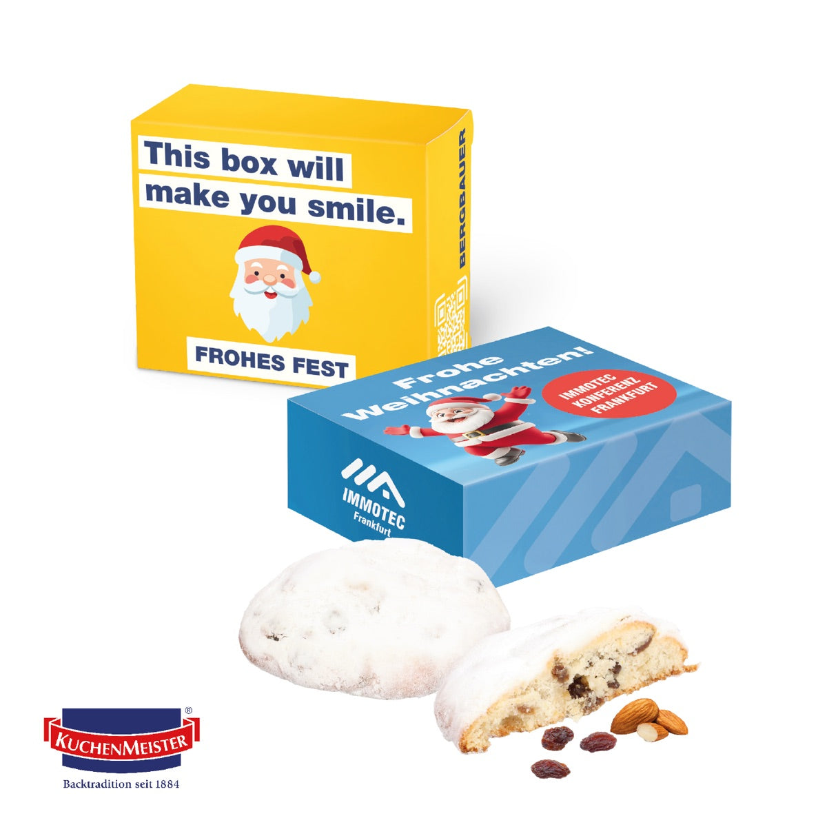 Werbebox aus Karton mit individuellem Weihnachtsmotiv für Gebäck
