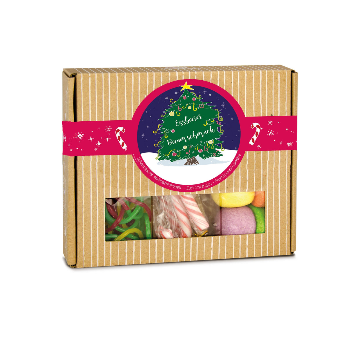 Süßigkeiten Box Essbarer Baumschmuck 110 g mit Logo – Beispielmotiv