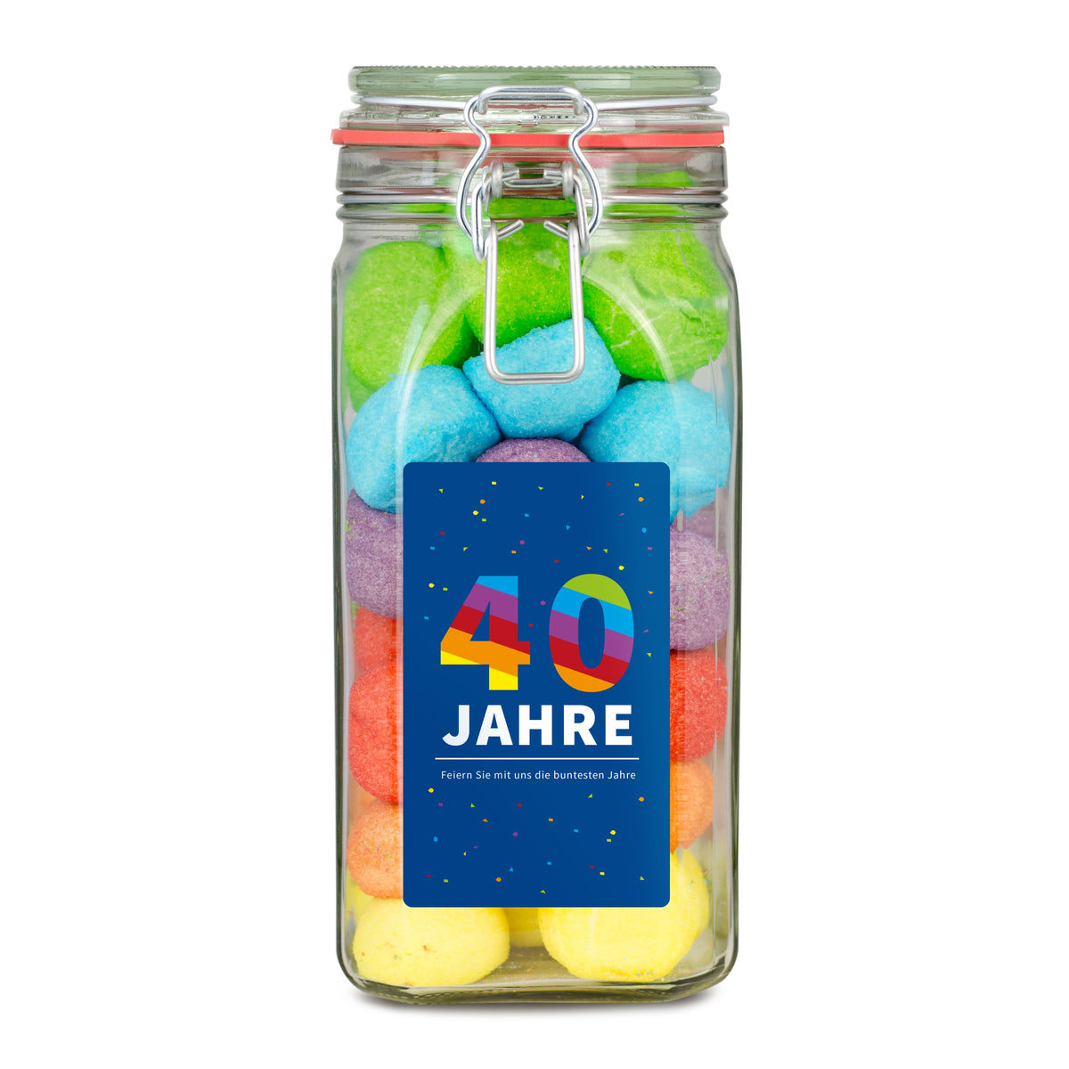Süßigkeitenmix in Regenbogenfarben im Bügelglas 1000 g mit Logo – Beispielmotiv
