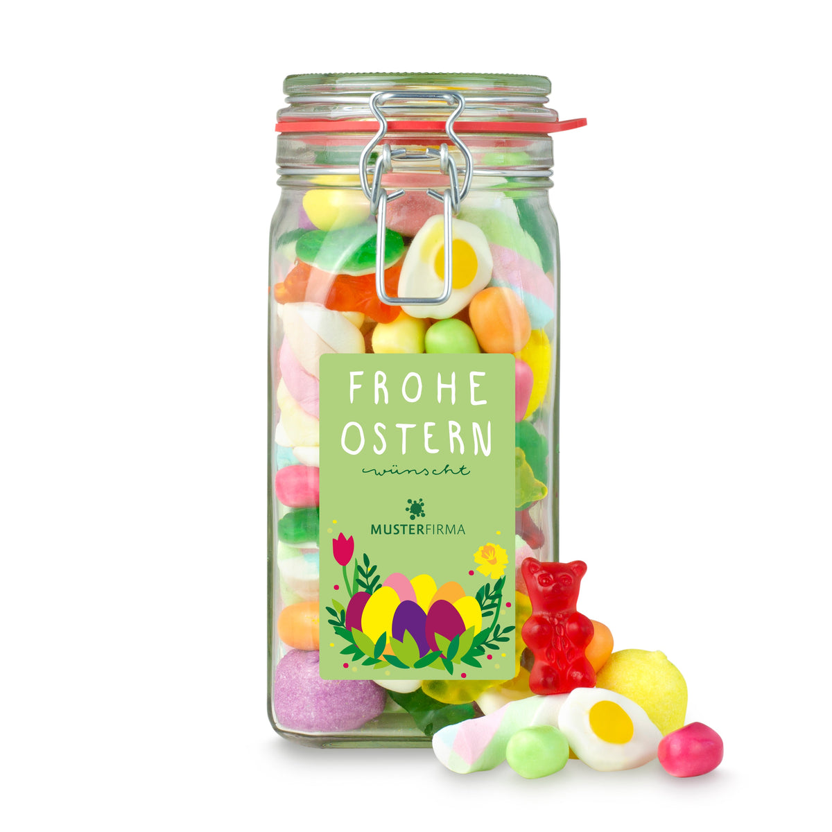 Süßigkeitenmix zu Ostern im großen Bügelglas 715 g mit Logo – Beispielmotiv