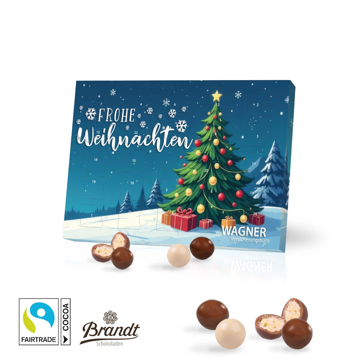 Kompakter Tisch Adventskalender im Querformat mit vollflächigem Werbedruck