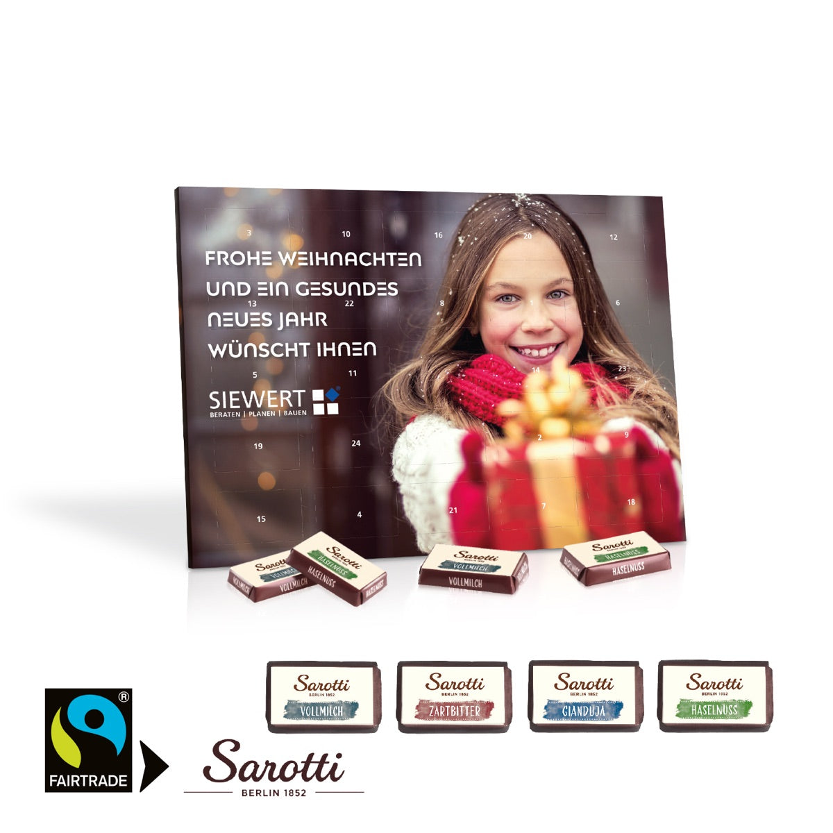 Flacher Tisch Adventskalender im Querformat mit individuellem Werbedruck
