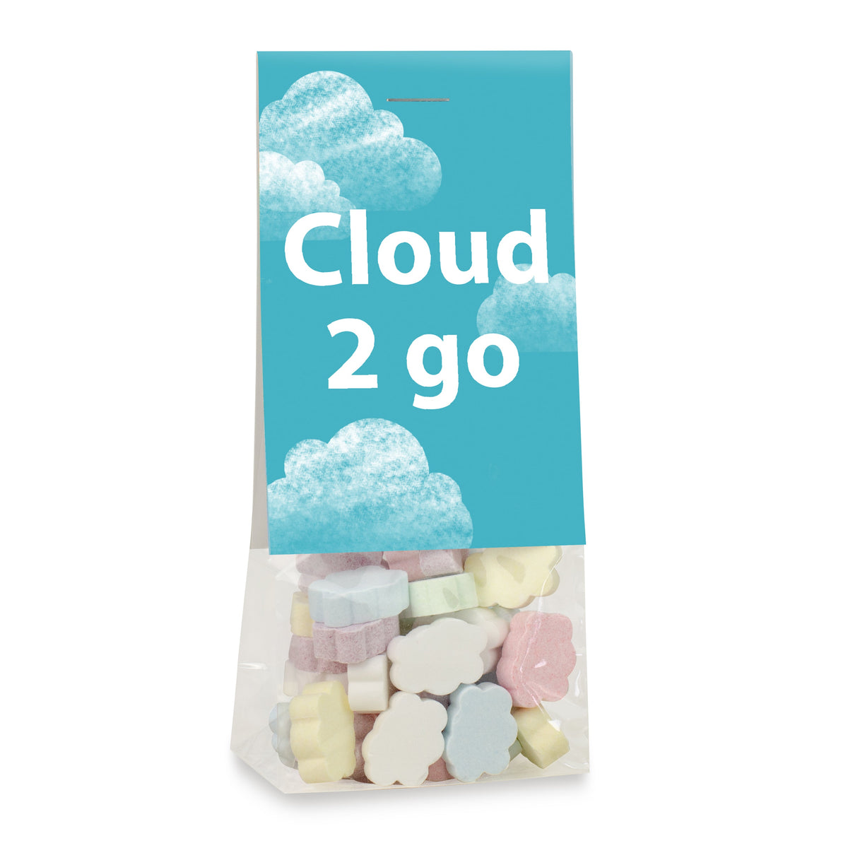 Traubenzucker Wolken im Beutel 40 g mit Logo – Beispielmotiv