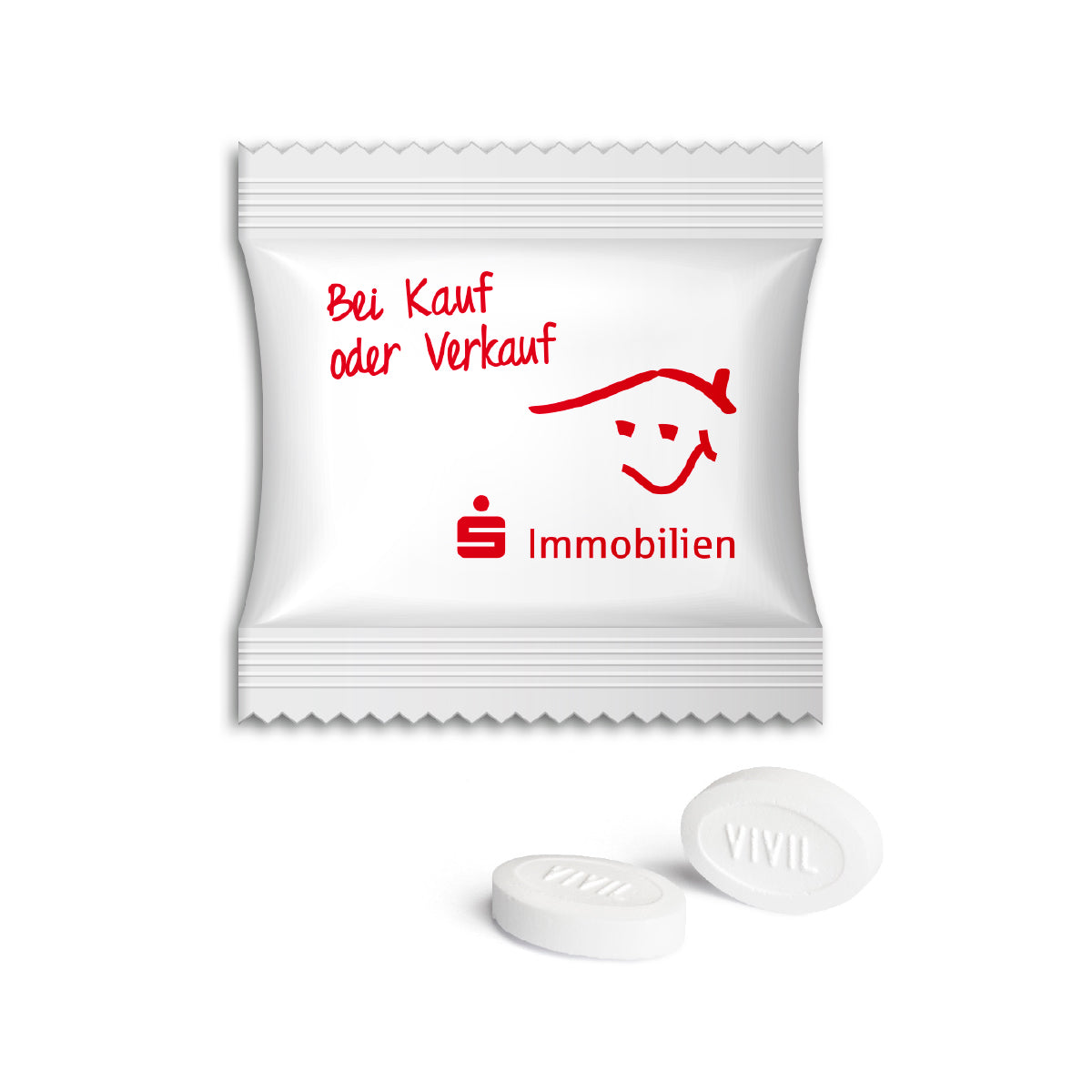 Zwei Vivil Pfefferminzbonbons im quadratischen Werbetütchen