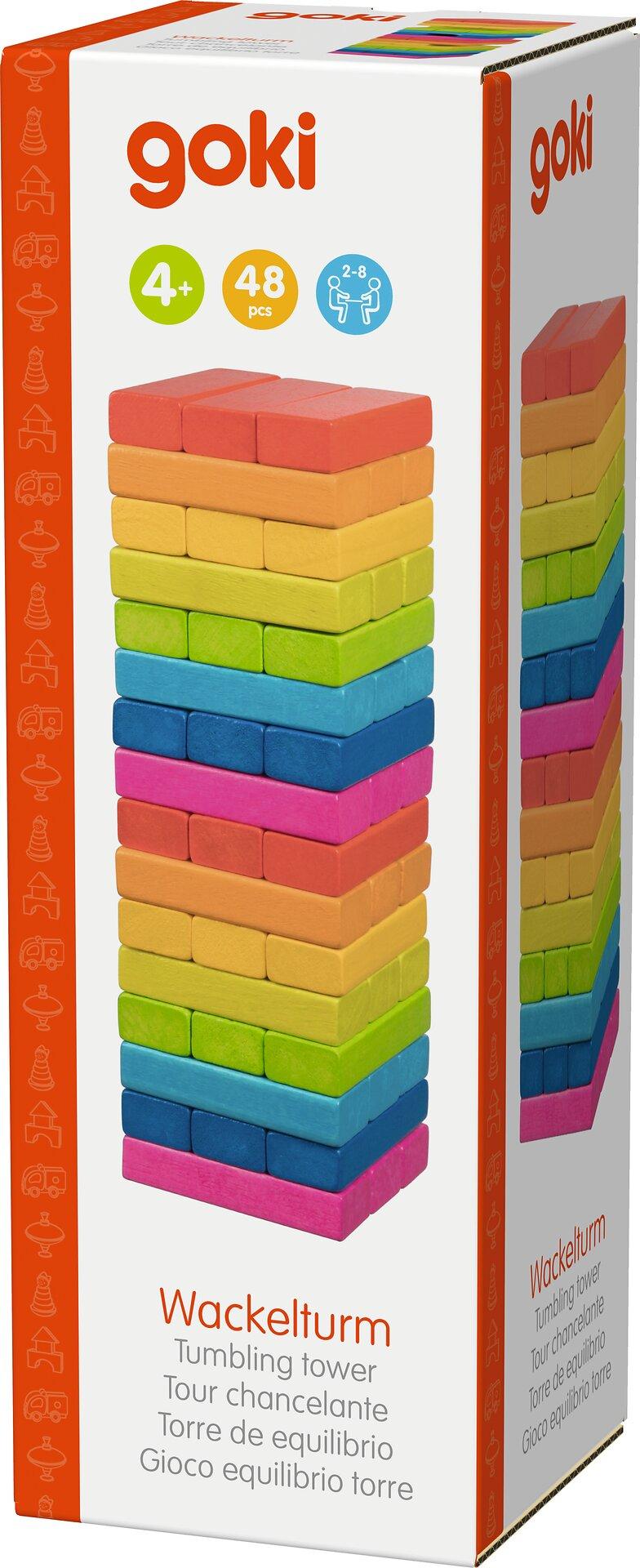 Wackelturm Regenbogen aus Holz mit 48 bunten Steinen – Seitenansicht