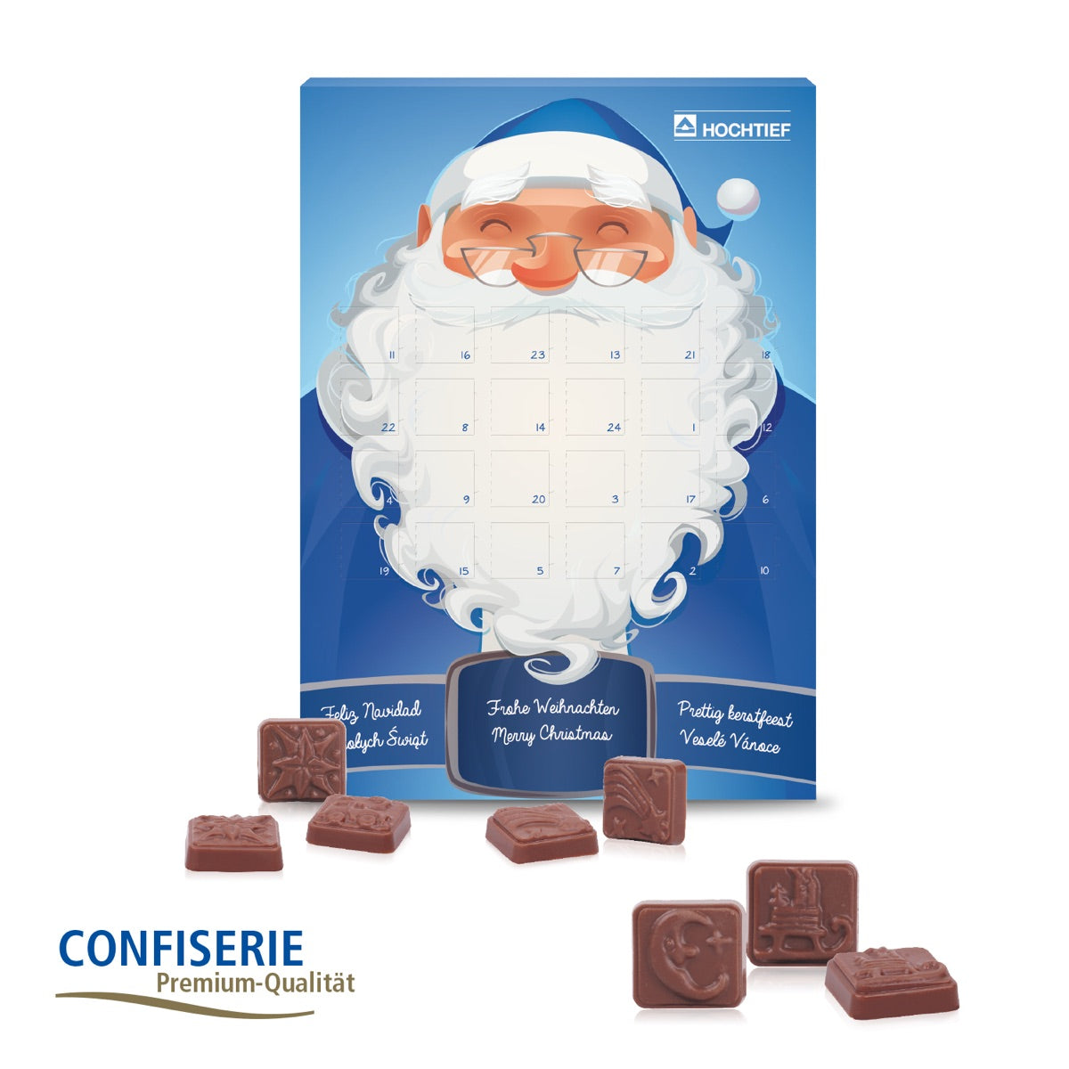Wand Adventskalender im Hochformat mit Aufhängeloch und Werbedruck