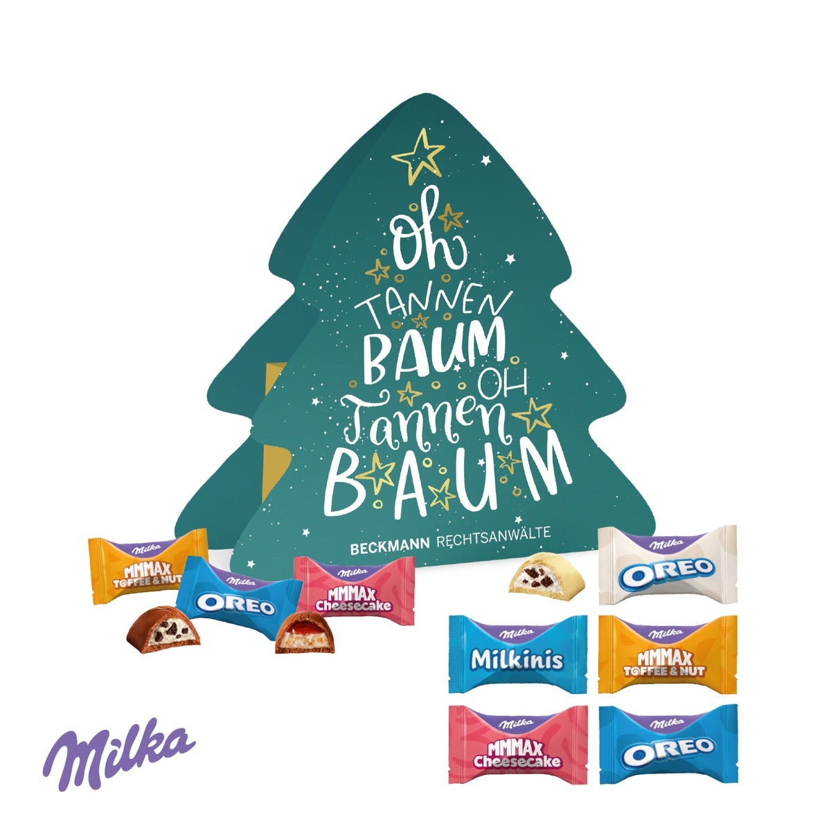 Präsent in Weihnachtsbaumform aus Karton mit individuellem Druck