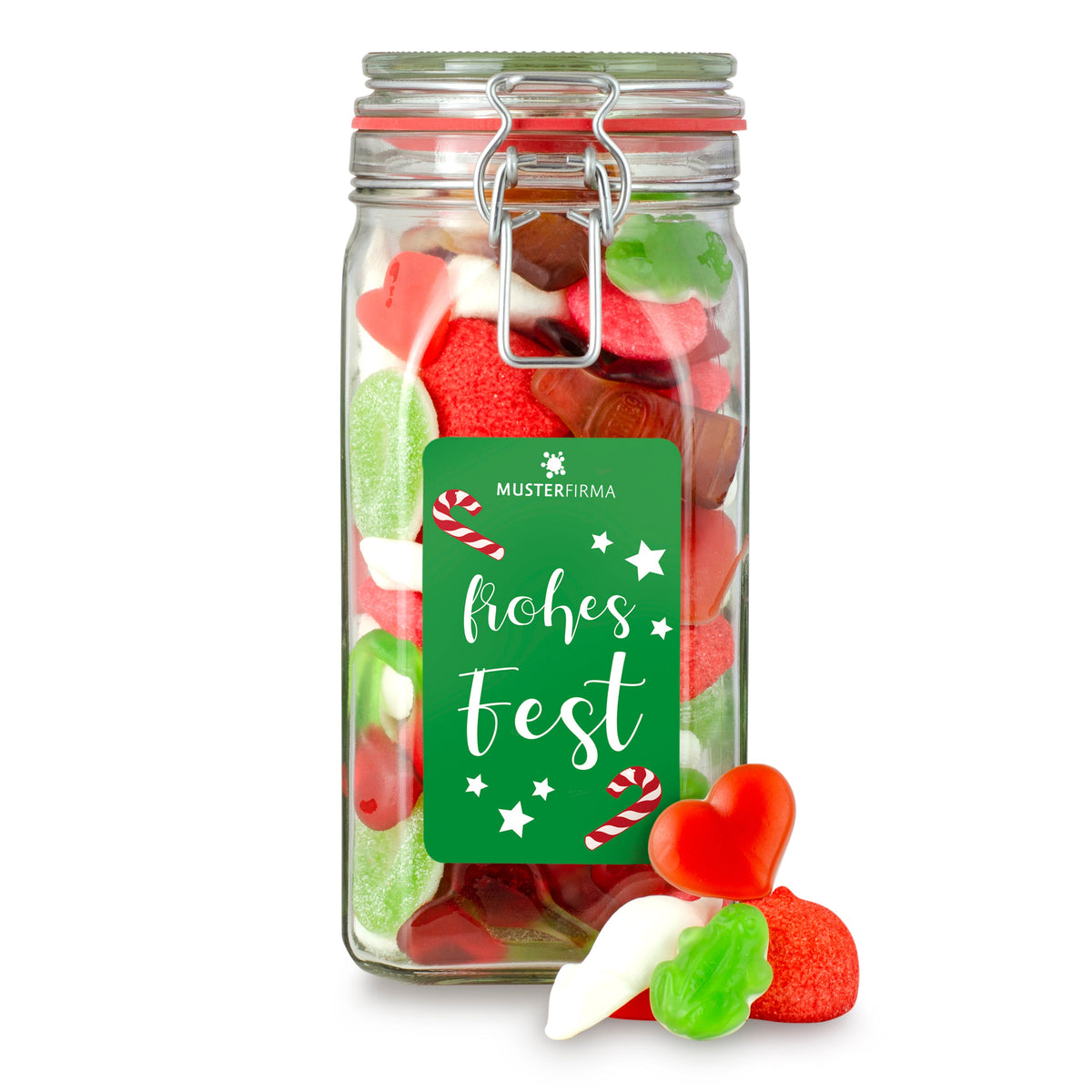 Weihnachtsmischung im großen Bügelglas 800 g mit Logo – Beispielmotiv