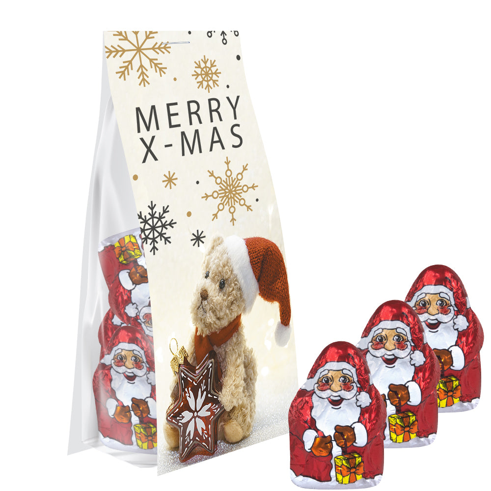 Weihnachtsschokolade im Standbeutel mit Werbereiter – Mini Schoko Weihnachtsmänner, ca. 40 g