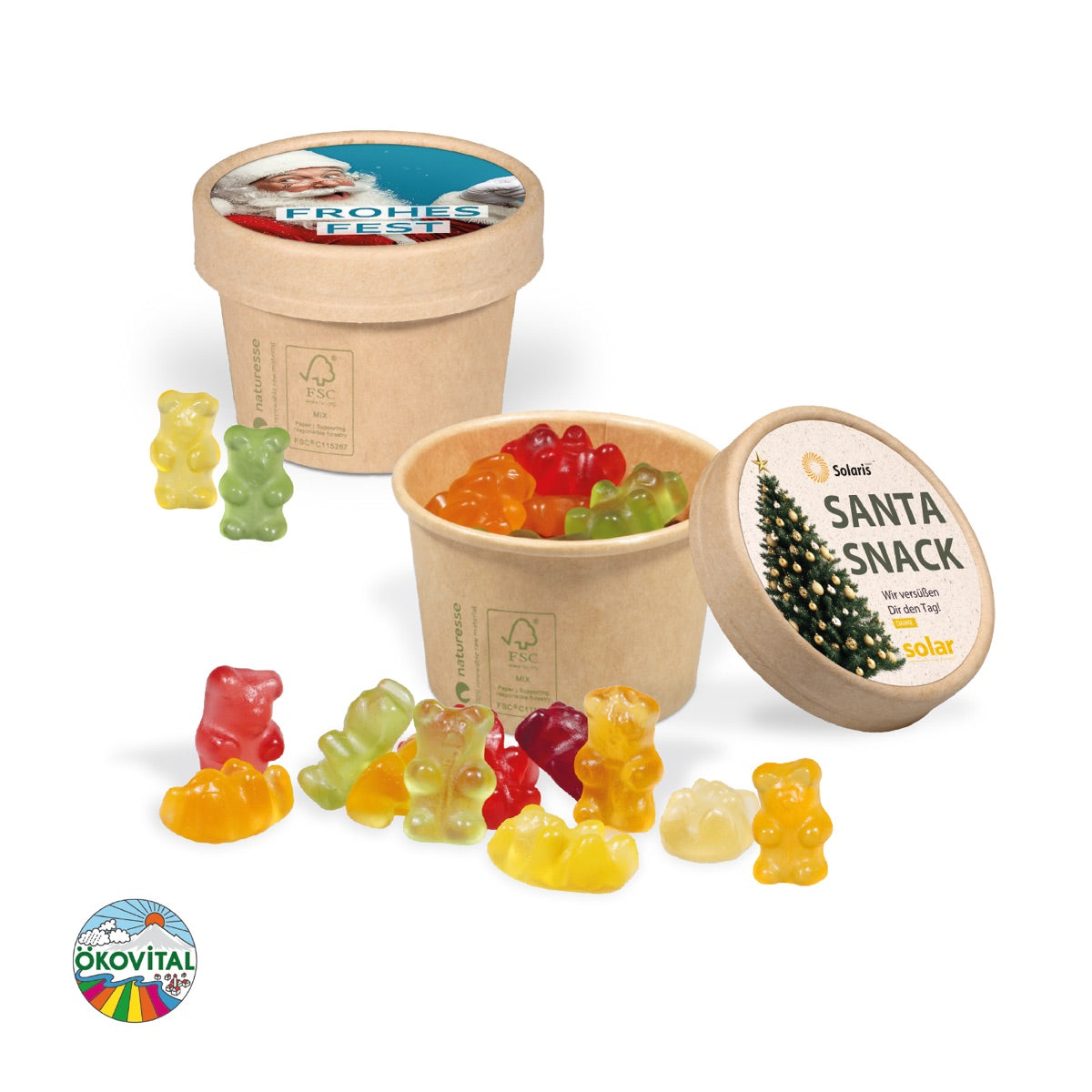 Runder Kartonbecher mit individuellem Werbedruck für Fruchtgummi