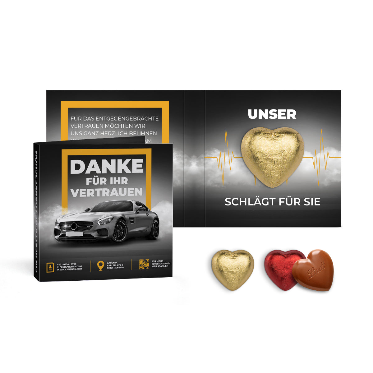 Quadratische Werbekarte mit kleinem Lindt Herz