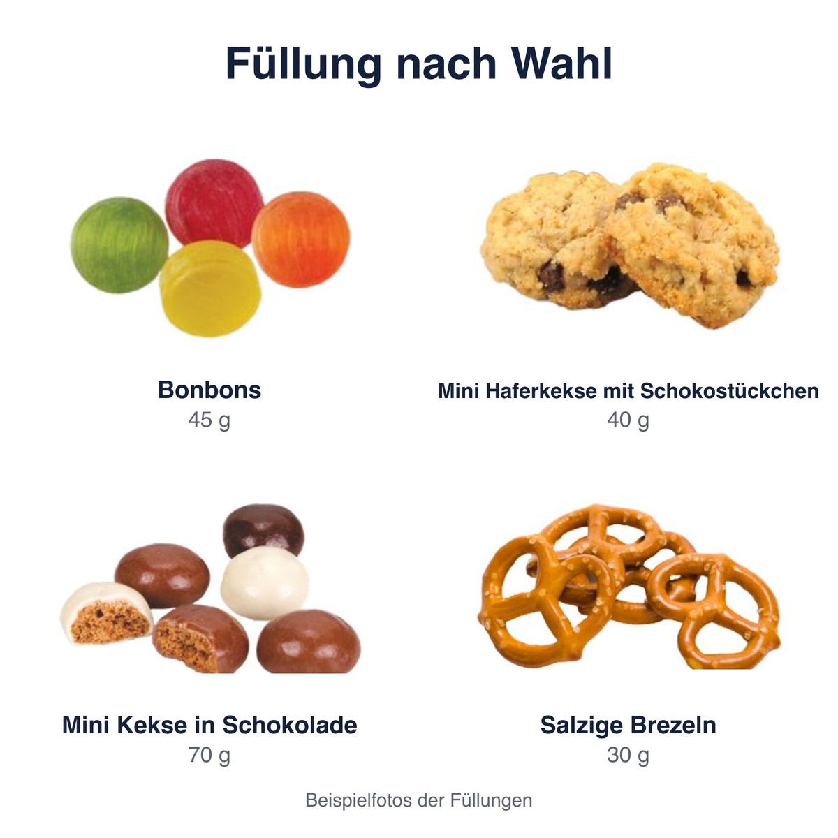 Füllungen der Promo Slim Tube: Bonbons, Mini Haferkekse mit Schokostückchen, Mini Kekse in Schokolade und salzige Brezeln