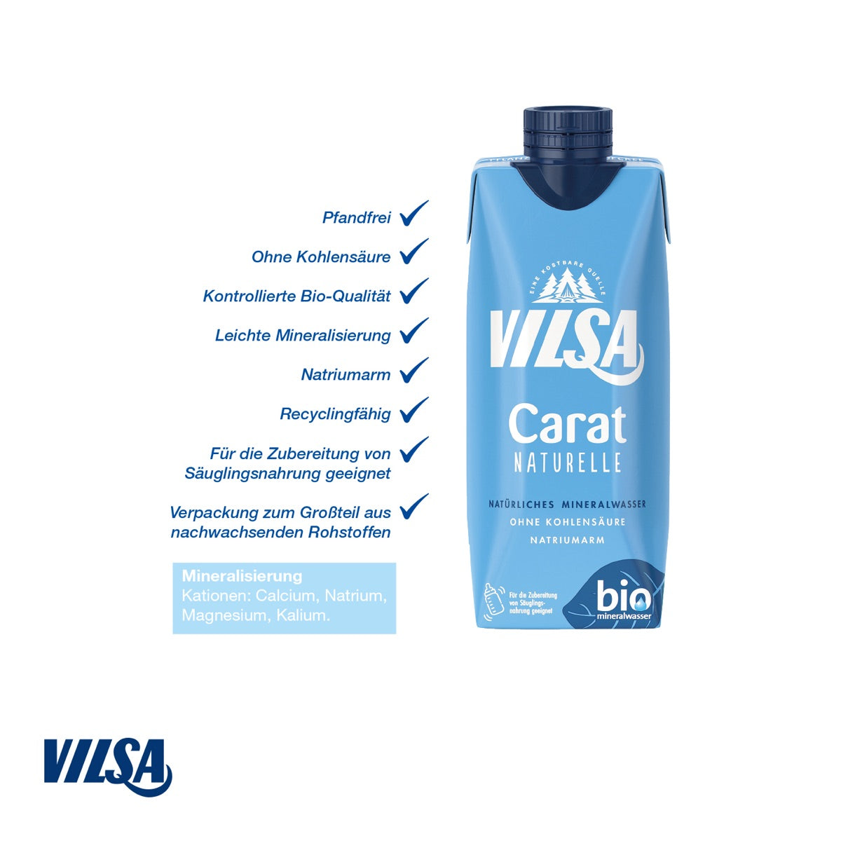 Geöffnete Werbekartonage mit Vilsa Mineralwasser im Tetra Pak