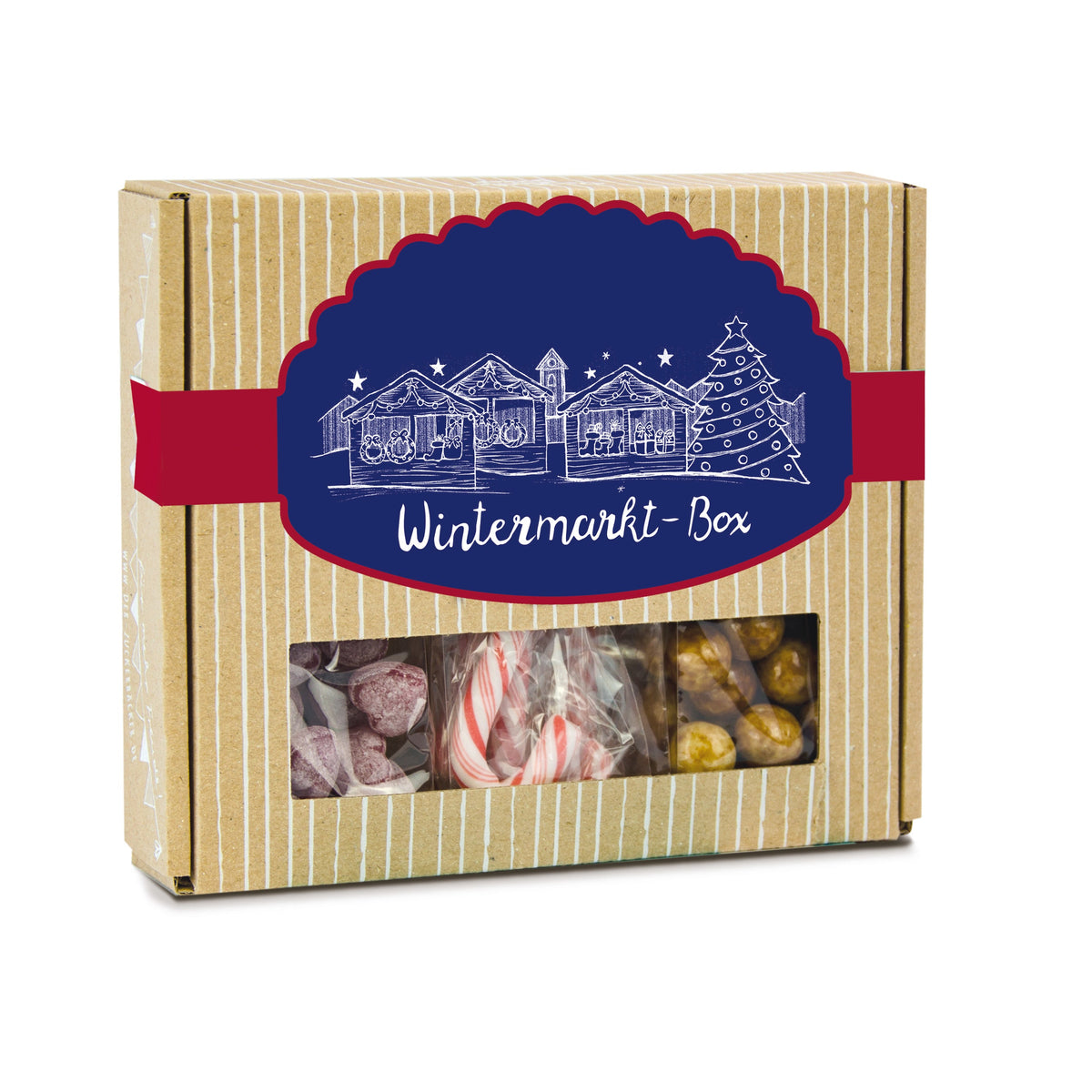 Wintermarkt Box mit Glühweinbonbons und Zuckerstangen mit Logo – Beispielmotiv
