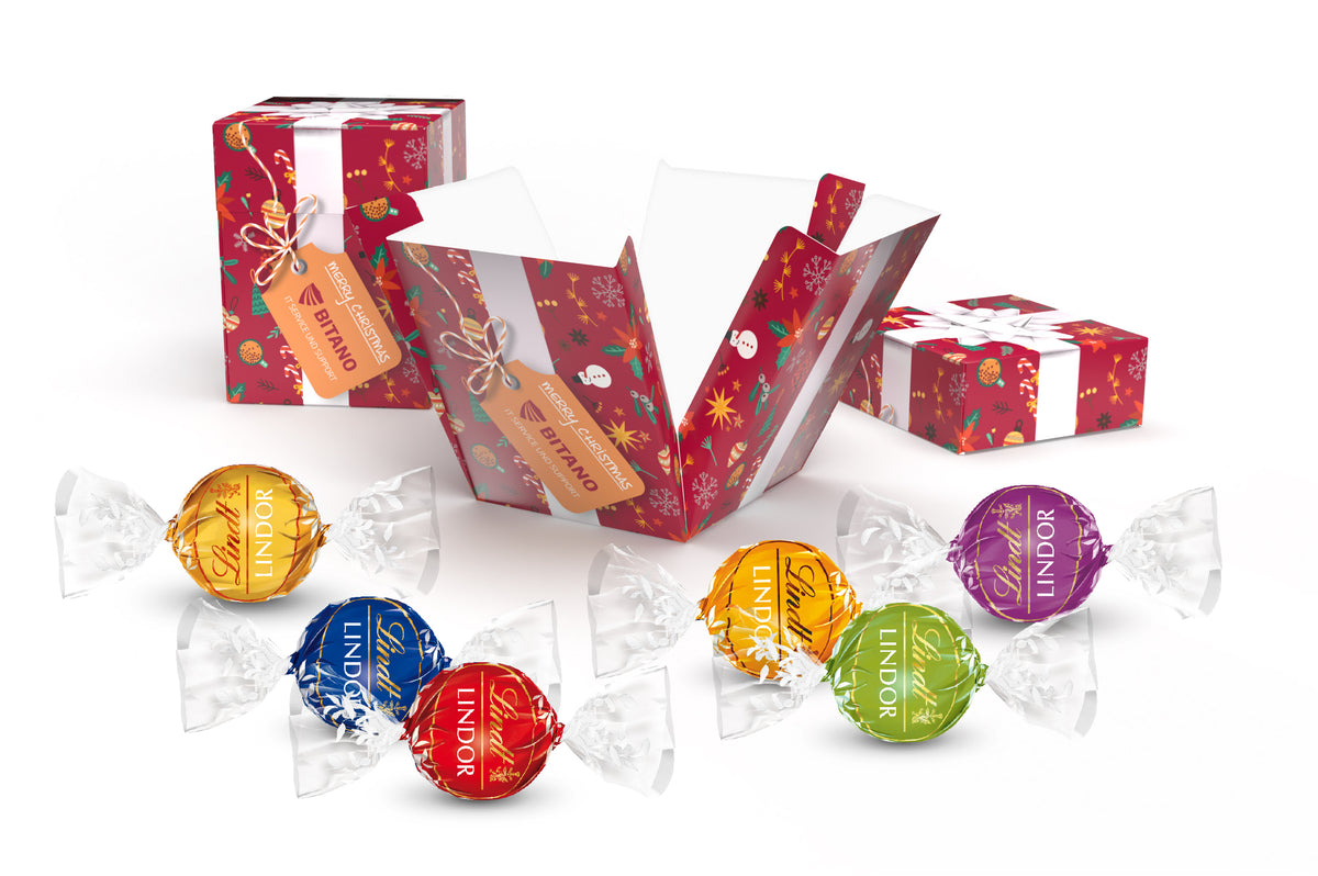 Xmas Überraschung Kartonage mit Lindt Lindor Kugeln, bedruckt