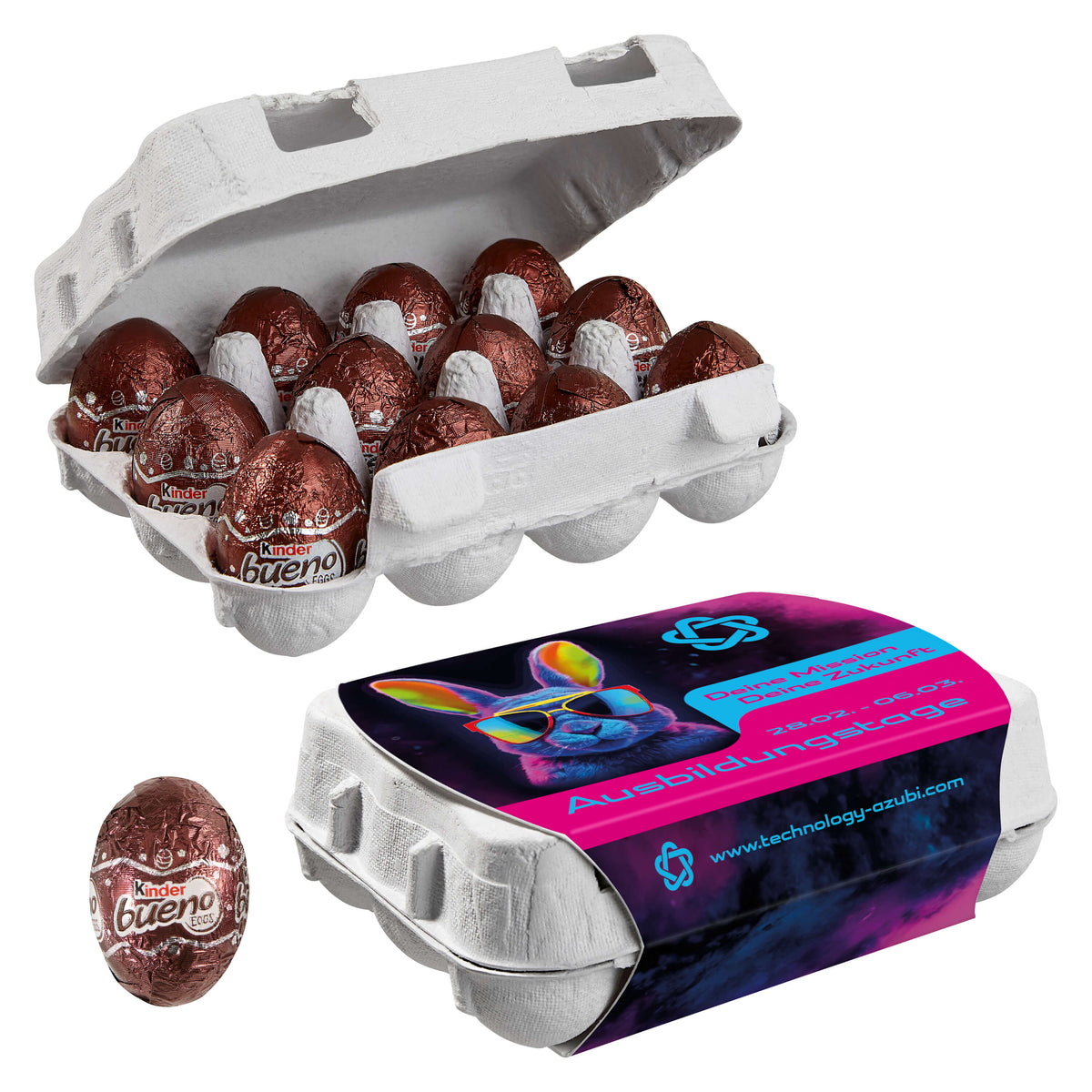 12er Ostereier Karton mit Kinder Bueno Eiern und Werbeschuber