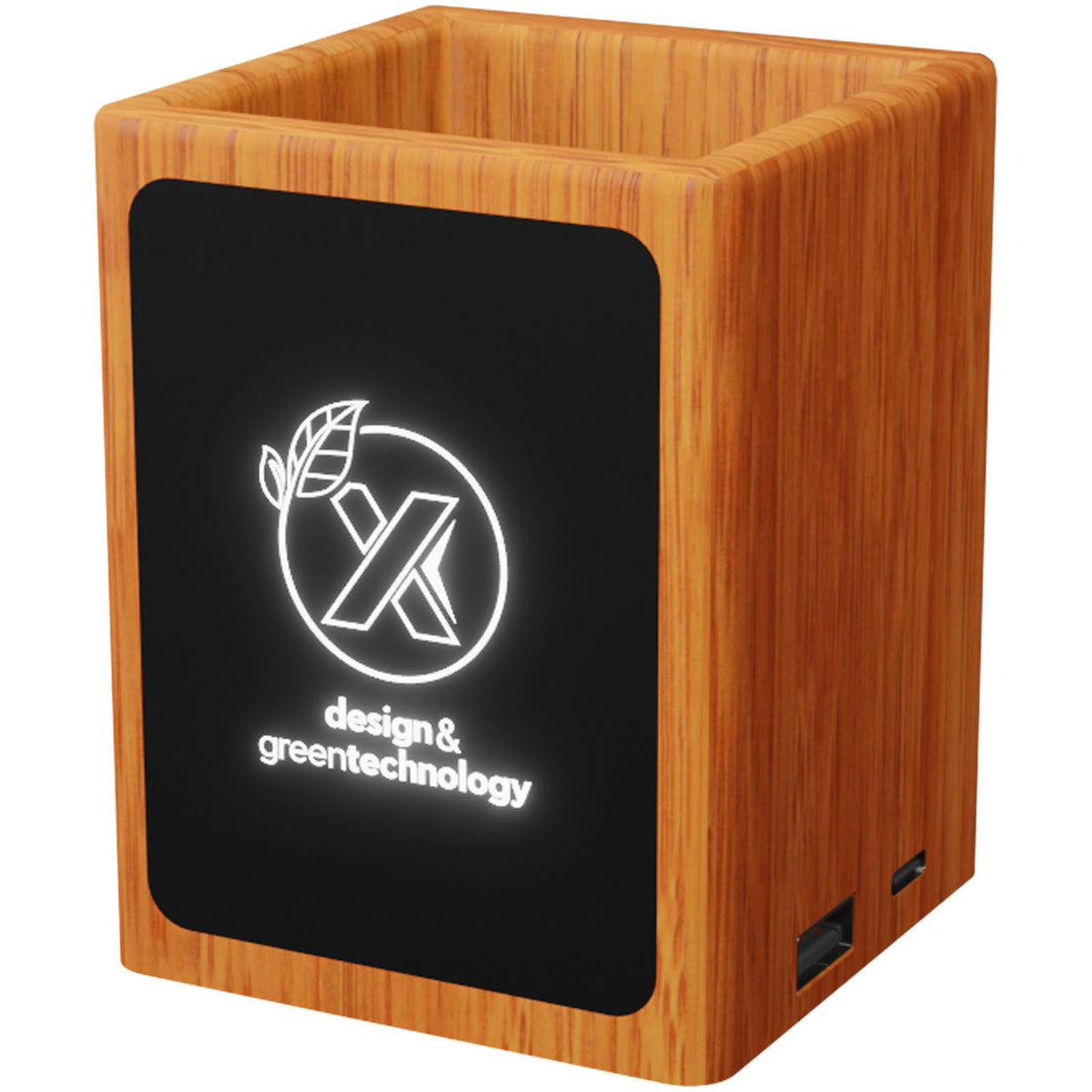 SCX.design O12 Stifthalter aus Holz mit doppeltem USB Ausgang und Leuchtlogo