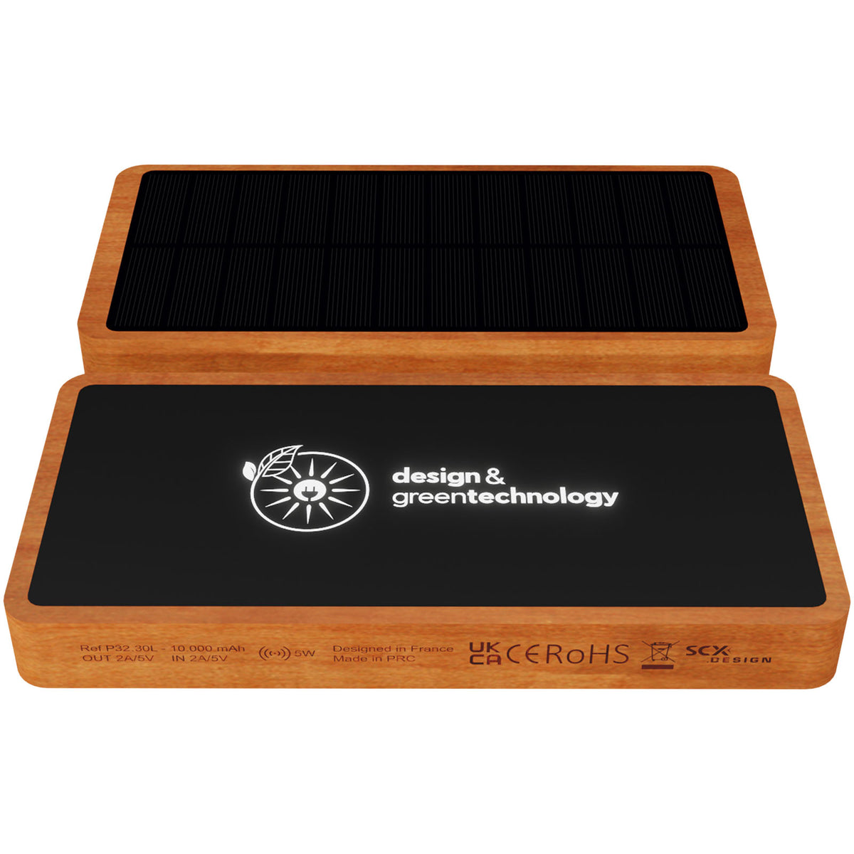 SCX.design P32 Solar Powerbank 10.000 mAh mit Leuchtlogo – Holz