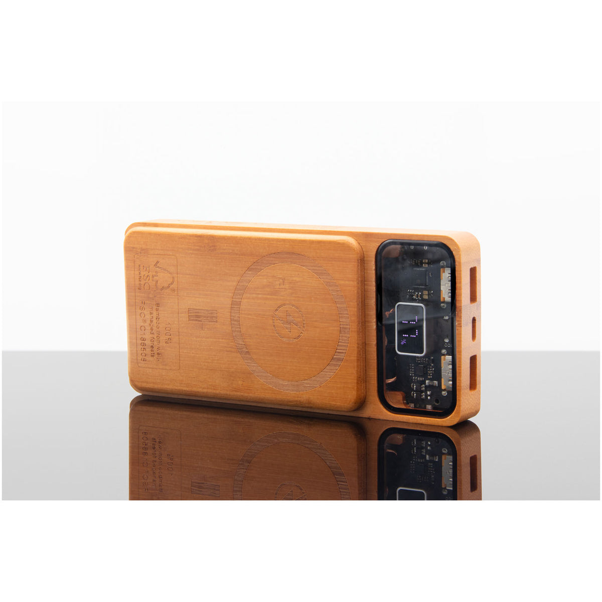 SCX.design P48 10.000 mAh magnetische 15W Powerbank aus Holz mit Leuchtlogo – Holz / Schwarz