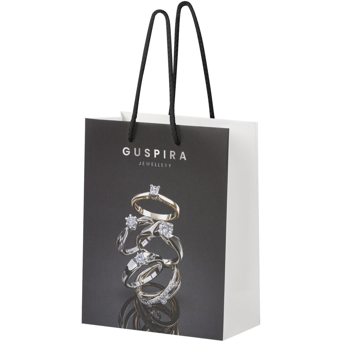 Handgefertigte 170 g/m² Integra Papiertüte mit Kunststoff Kordelgriffen, 18 × 9 × 23 cm – Weiss / Schwarz