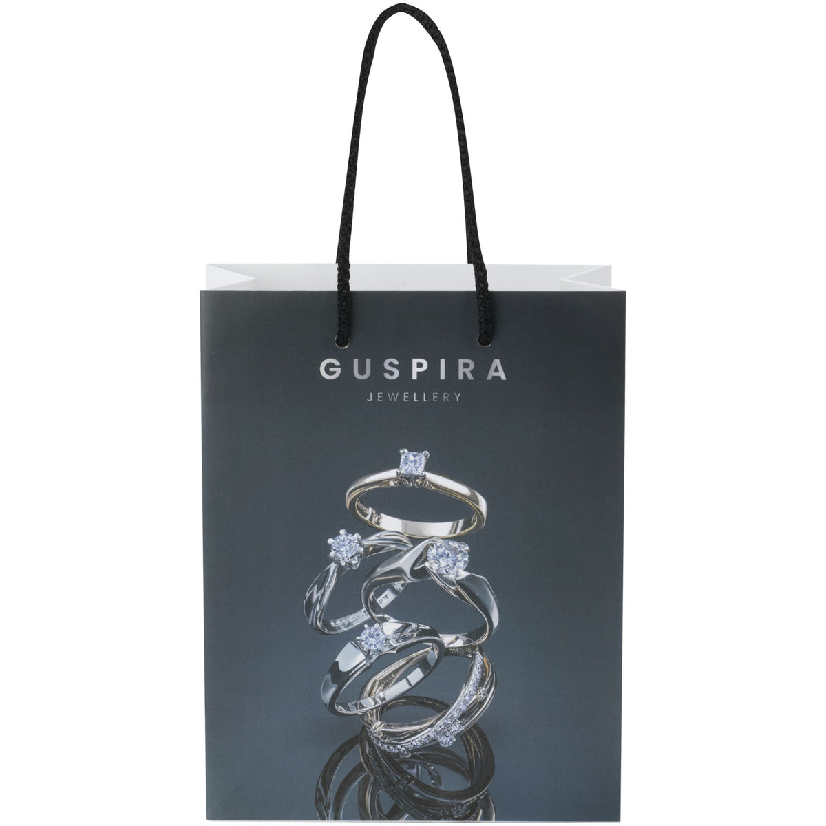 Handgefertigte 170 g/m² Integra Papiertüte mit Kunststoff Kordelgriffen, 18 × 9 × 23 cm – Weiss / Schwarz