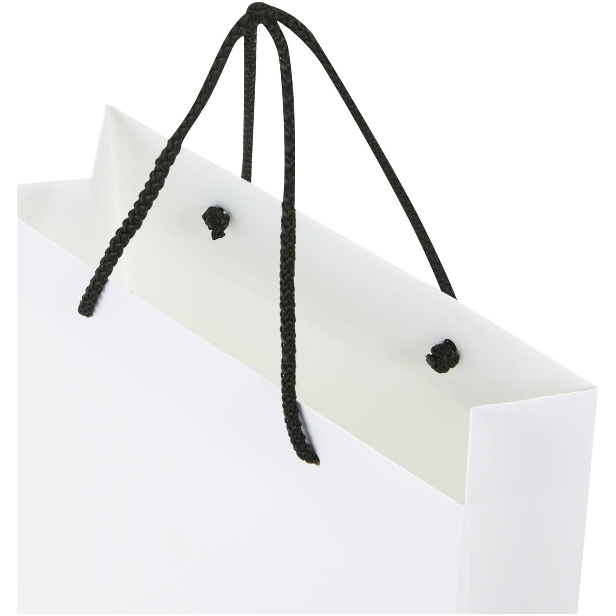 Handgefertigte 170 g/m² Integra Papiertüte mit Kunststoff Kordelgriffen, 24 × 9 × 36 cm – Weiss / Schwarz