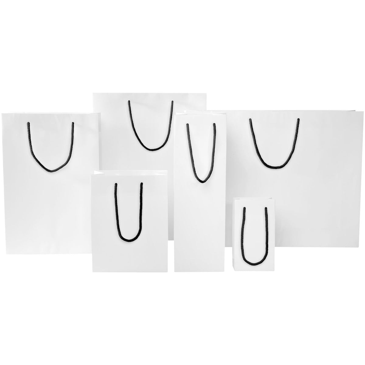 Handgefertigte 170 g/m² Integra Papiertüte mit Kunststoff Kordelgriffen, 24 × 9 × 36 cm – Weiss / Schwarz