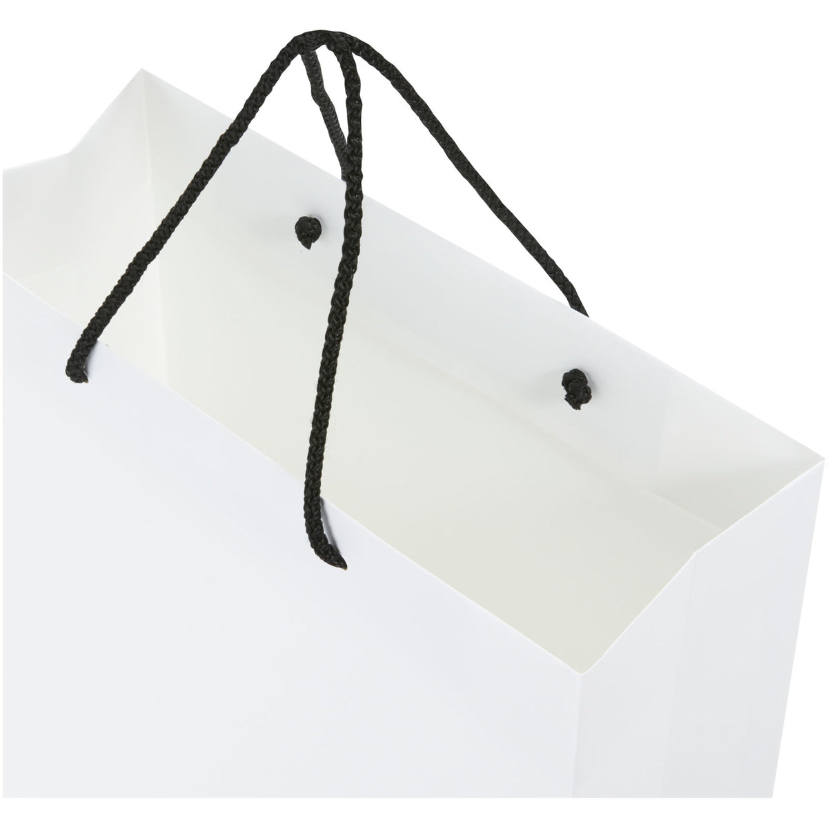 Handgefertigte 170 g/m² Integra Papiertüte mit Kunststoff Kordelgriffen, 31 × 12 × 41 cm – Weiss / Schwarz