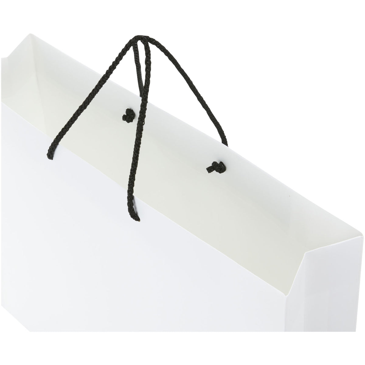 Handgefertigte 170 g/m² Integra Papiertüte mit Kunststoff Kordelgriffen, 45 × 10 × 35 cm – Weiss / Schwarz
