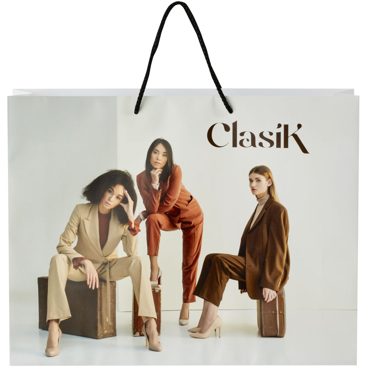 Handgefertigte 170 g/m² Integra Papiertüte mit Kunststoff Kordelgriffen, 45 × 10 × 35 cm – Weiss / Schwarz