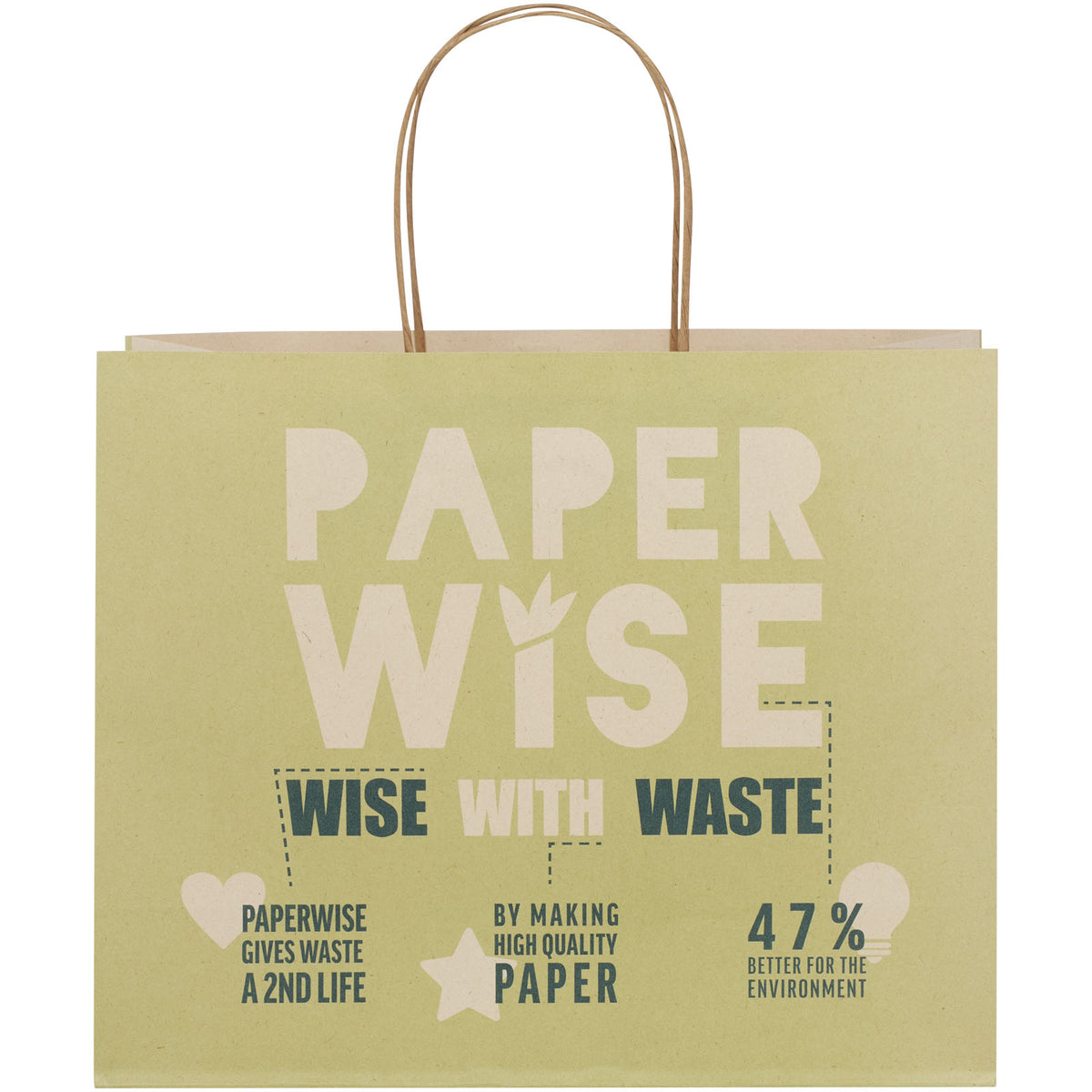 Papiertüte 150 /m² aus landwirtschaftlichen Reststoffen mit gedrehten Griffen, 31 × 12 × 25 cm – Offwhite
