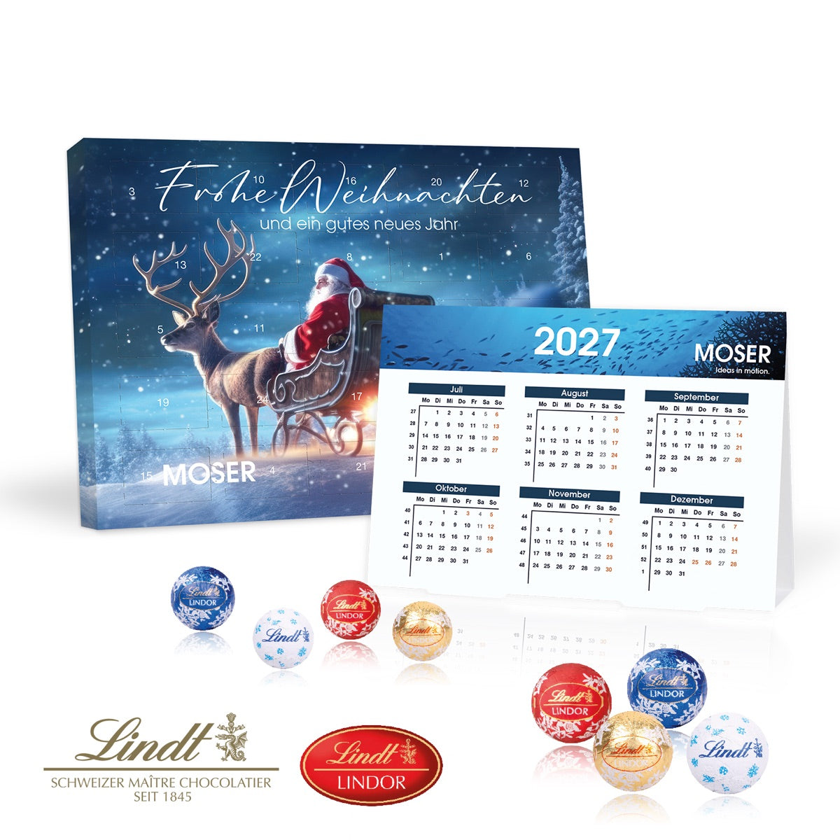 Adventskalender im Querformat mit Jahresplaner, vollflächig mit Werbemotiv bedruckt