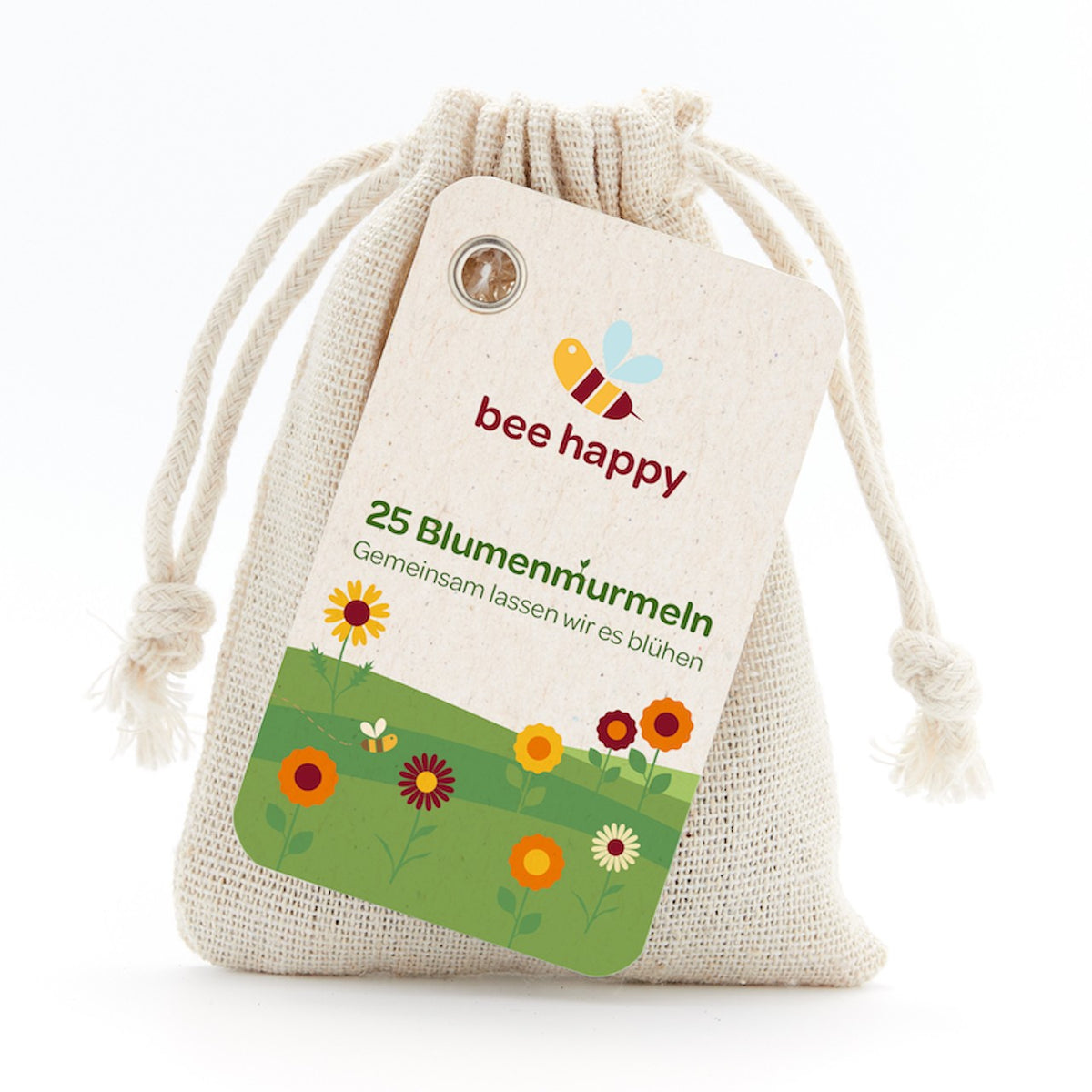 25 Blumenmurmeln im Stoffbeutel mit Logo auf dem Hangtag