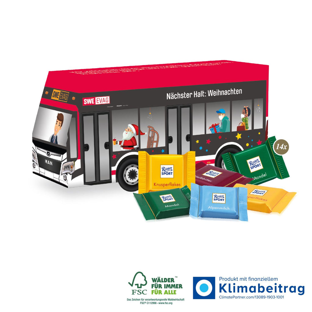 3D Präsent Bus mit 14 Stück Ritter SPORT Schokotäfelchen. Nachhaltiger Adventskalender, FSC-zertifiziert von Vanilla & Pepper.