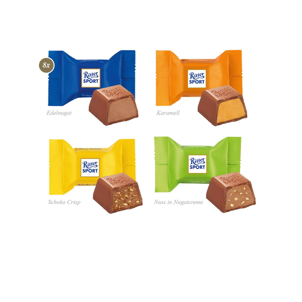 3D Präsent Bus mit 8 Stück Ritter SPORT Schokowürfeln. Klimaneutrales Produkt auf FSC®-zertifiziertem Karton.