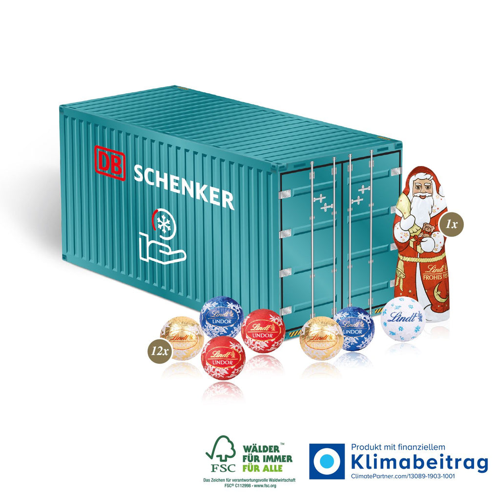 3D Präsent Container mit 12 Stück Lindt Minis und einem Lindt Weihnachtsmann. Nachhaltiger Werbeartikel von Vanilla & Pepper