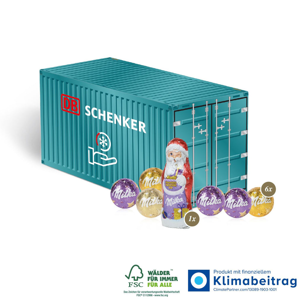 3D Präsent Container mit Milka Schokolade, hergestellt aus FSC®-zertifiziertem Karton. Individuelles Weihnachtsgeschenk für Kundinnen und Mitarbeiterinnen von Vanilla & Pepper.