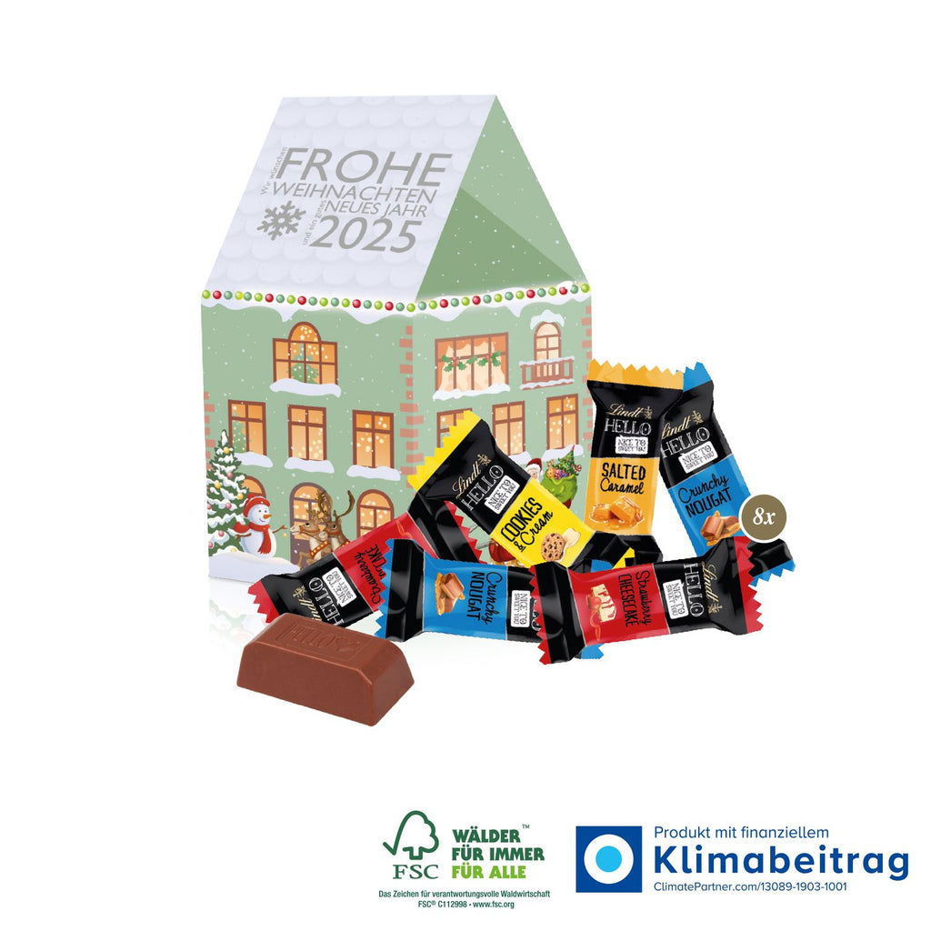 3D Präsent Haus mit Lindt HELLO Mini Stick Mix, FSC®-zertifiziert und perfekt als nachhaltiges Weihnachtsgeschenk für Kundinnen und Mitarbeiterinnen.