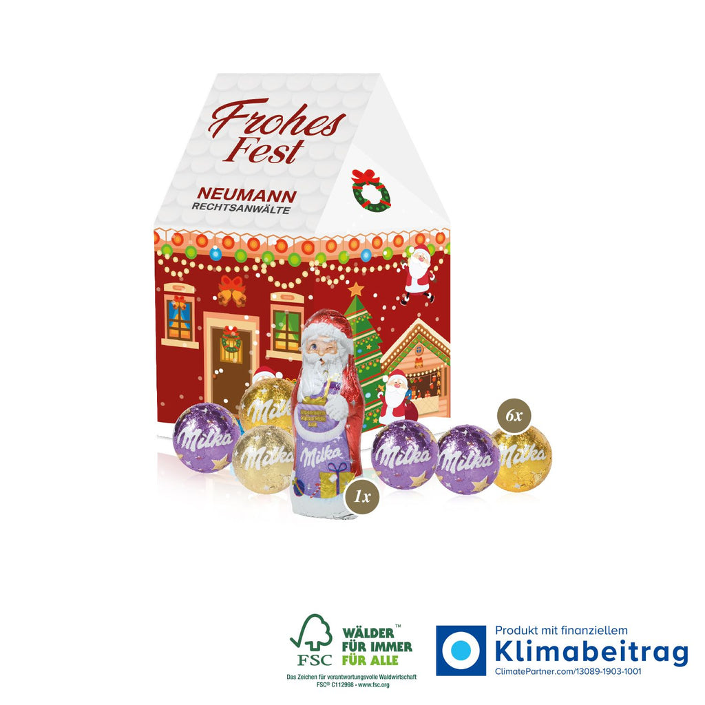 3D Präsent Haus mit Milka Kugeln und Milka Weihnachtsmann, FSC®-zertifiziert und perfekt als individuelles, nachhaltiges Weihnachtsgeschenk.