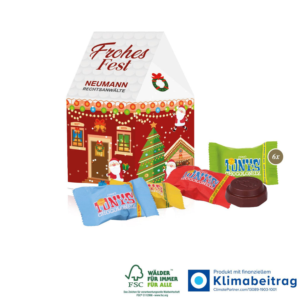 3D Präsent Haus mit Tiny Tony's Schokolade, umweltfreundlich produziert und perfekt für eine unvergessliche Weihnachtszeit mit Freude und Genuss.