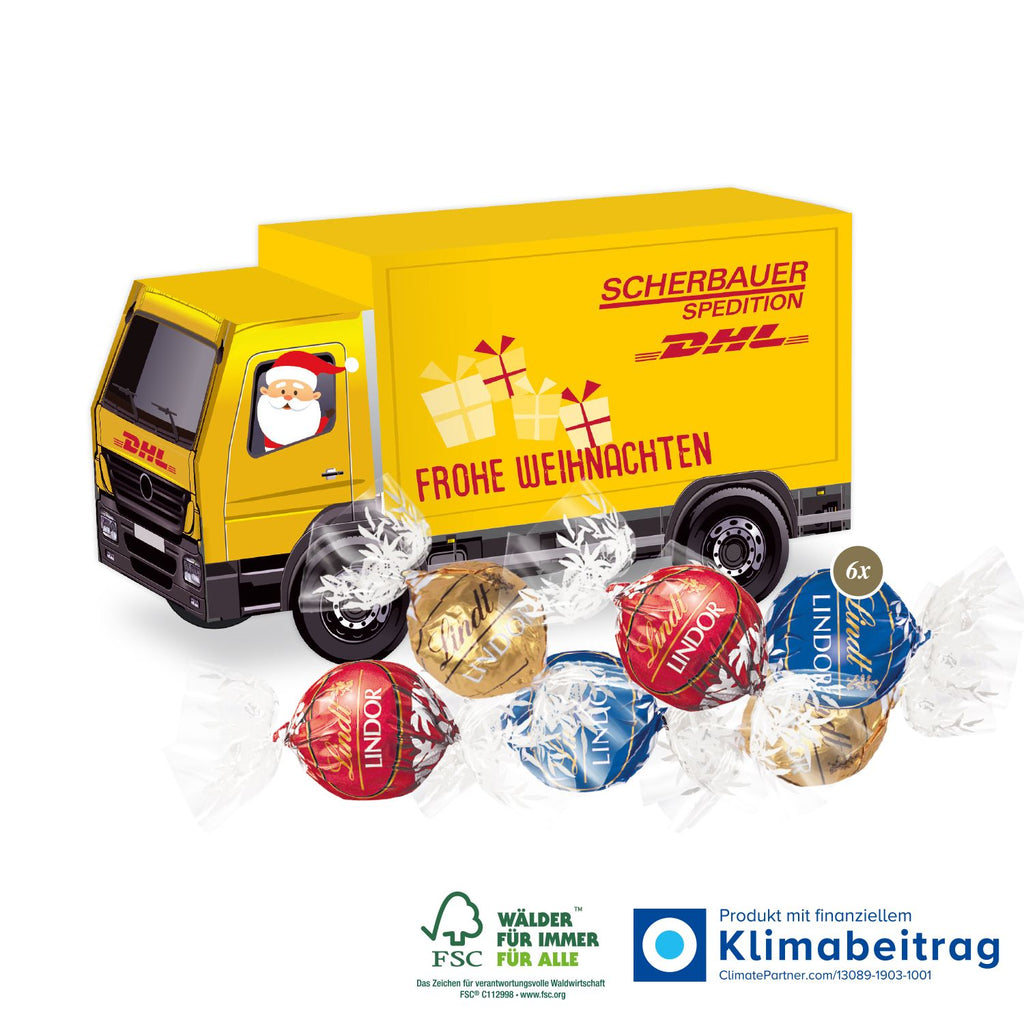 Kreativer 3D Präsent LKW mit Lindt Lindor Pralinés, ein originelles Geschenk, das geschmacklich und visuell überzeugt.