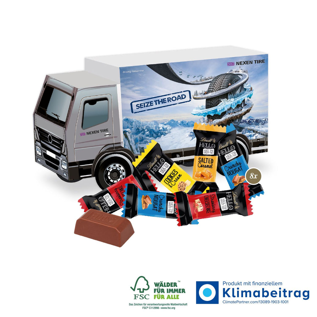 3D Präsent LKW mit Lindt HELLO Mini Stick Mix, umweltfreundlich produziert und perfekt für die bevorstehenden Feiertage, sorgt für Freude und Genuss.