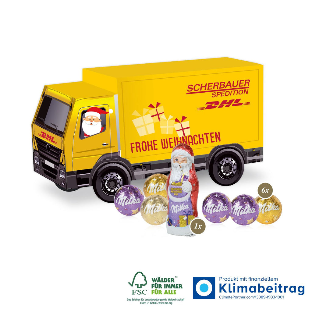 Kreativer 3D Präsent LKW mit Milka Kugeln und Weihnachtsmann, sorgt für himmlische Genussmomente und süße Überraschungen in der Weihnachtszeit.