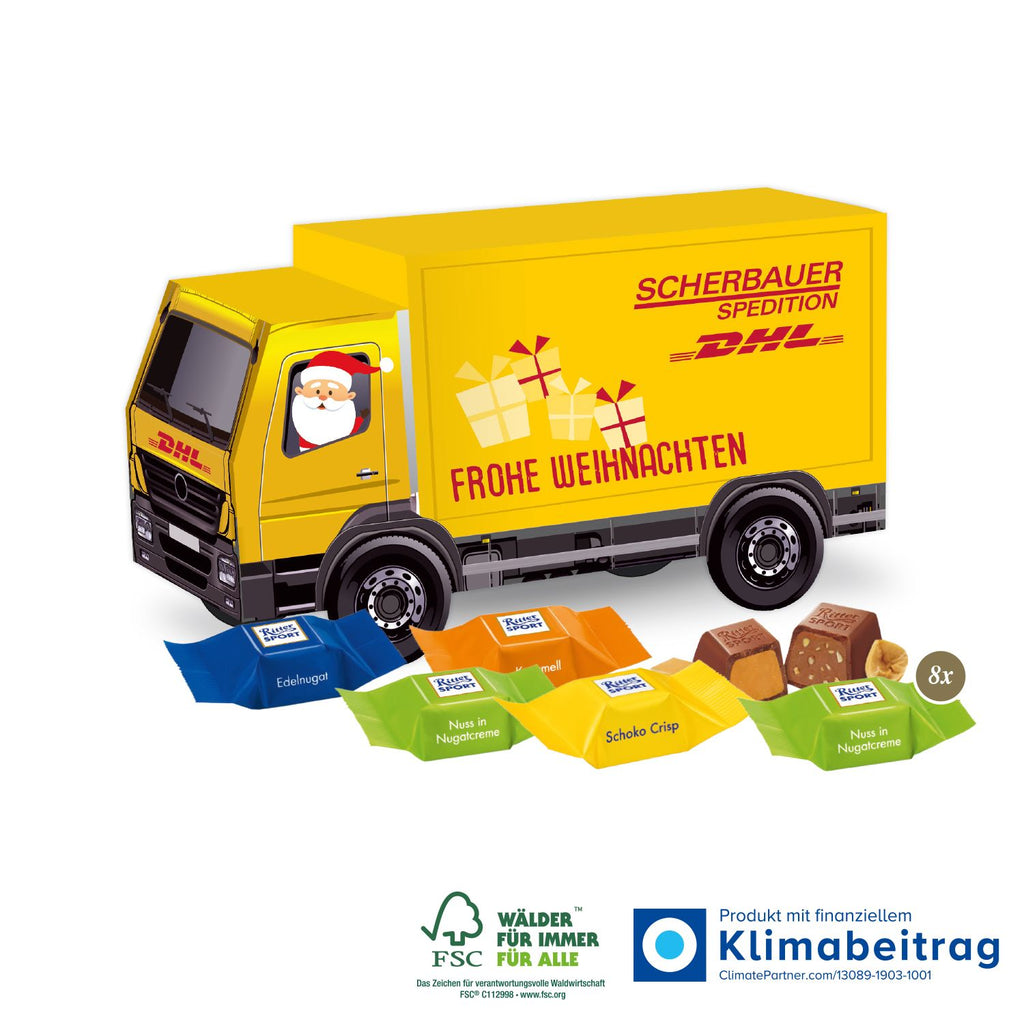 Festlich gestalteter 3D Präsent LKW mit Ritter SPORT Schokowürfeln, ideal als Werbegeschenk für Mitarbeiterinnen und Kundinnen in der Weihnachtszeit.