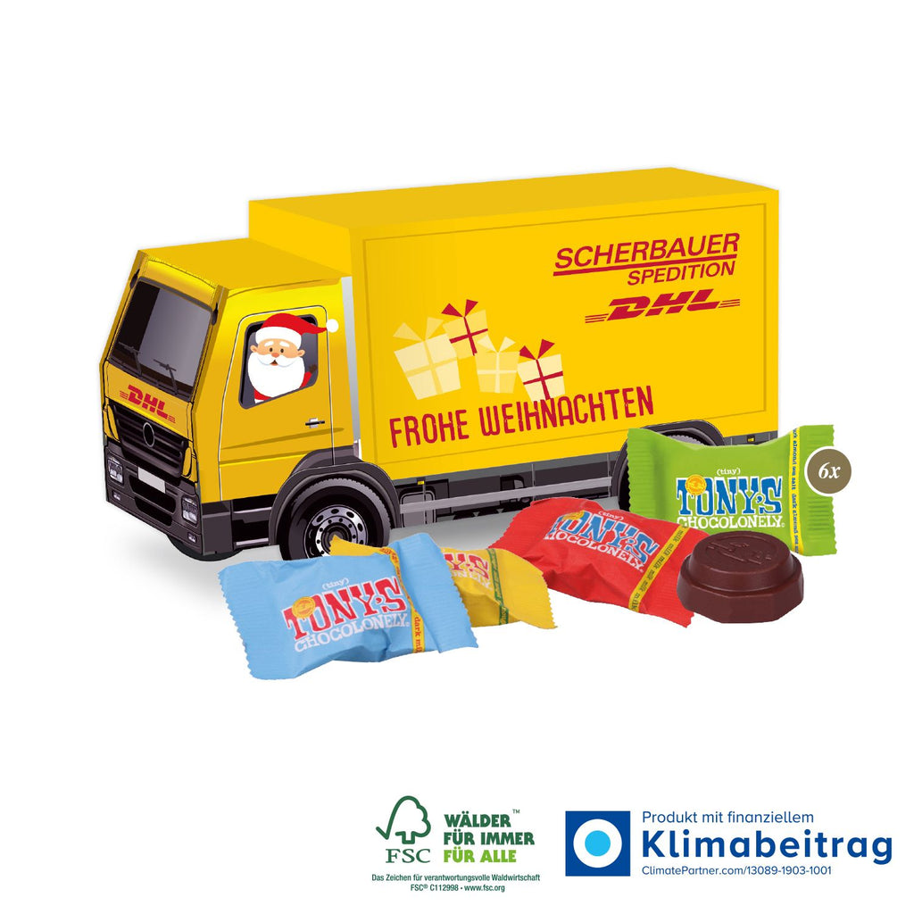 Festlich gestalteter 3D Präsent LKW mit Tiny Tony's Schokolade, ideal als Werbegeschenk für Mitarbeiterinnen und Kunden während der Adventszeit.