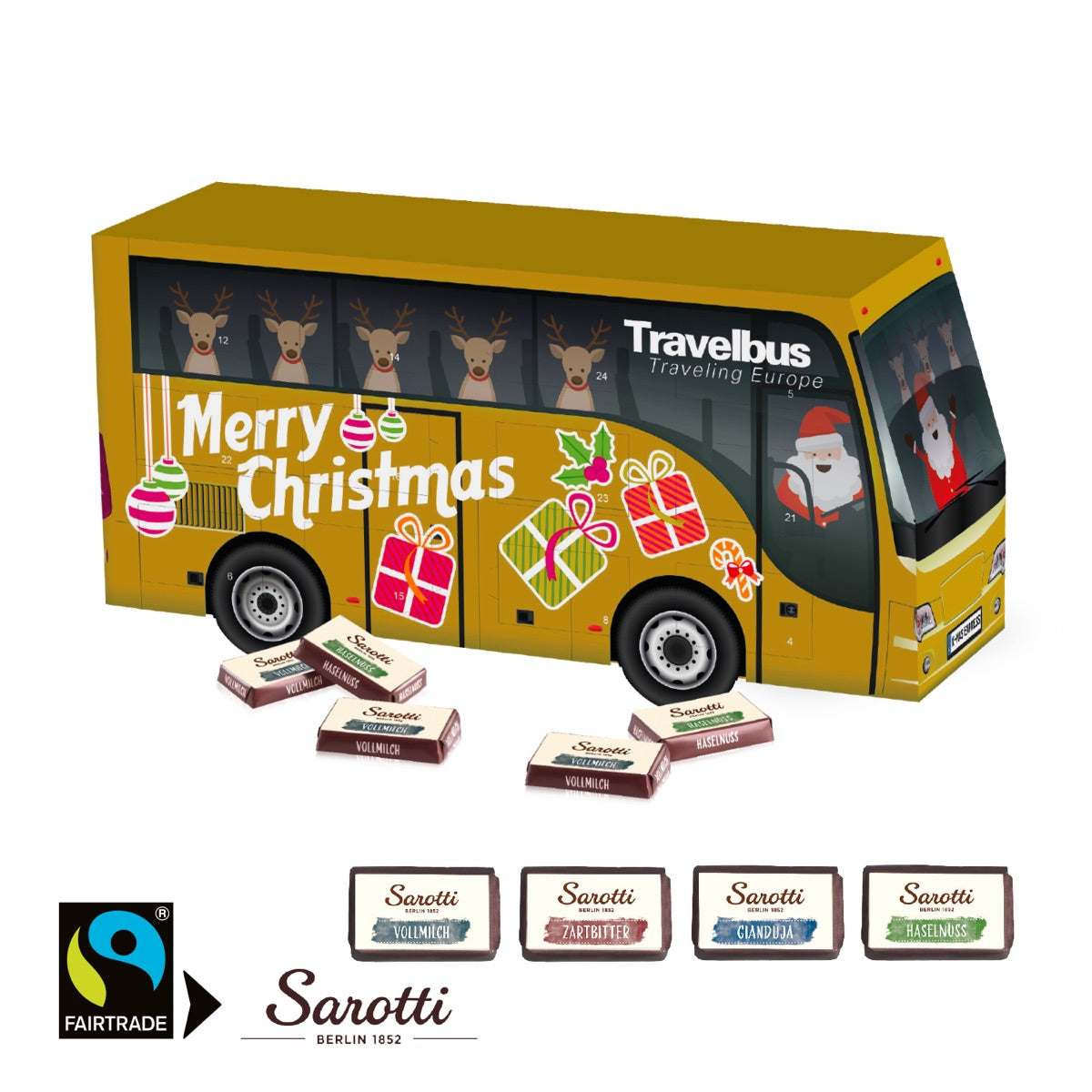 Bedruckter Adventskalender in Form eines Reisebusses